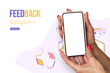 Feedback concept. A girl with beautiful nails holds a smartphone mockup in her hand against the background of design work.