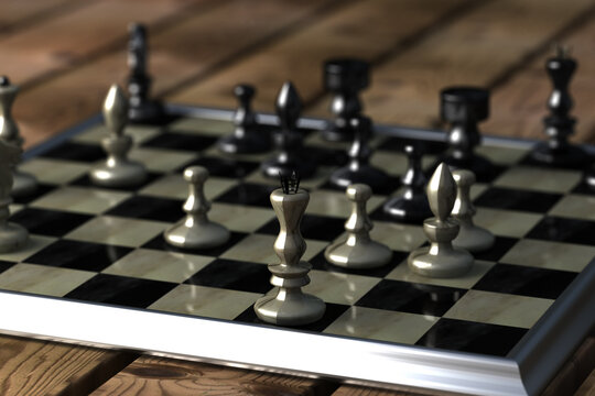 Horseking piece in chess board 3d render selective focus
