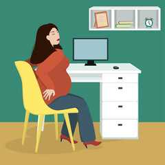 a young pregnant woman of Asian appearance stretches her back after working at the computer for a long time. The concept of working from home, freelancing and women's independence