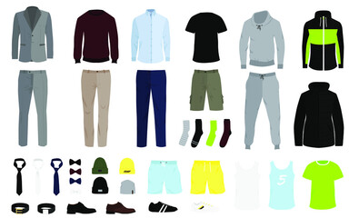 Men clothes colletction. Men's Fashion set, clothes and accessories: jackets, pants, shirts, suits, sweaters, shoes, hats, belt. Vector illustration