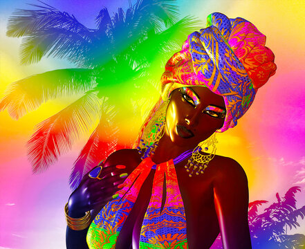 African Queen, Fashion Beauty. A stunning colorful image of a beautiful woman with matching makeup, accessories and clothing against a tropical background.  3d render no model releases necessary