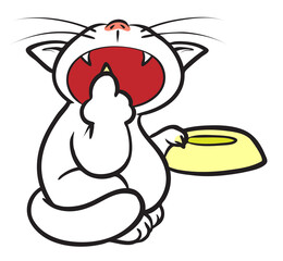 A Cute Hungry White Cat Wanting Food Holding A Bowl Pointing Its Open Mouth