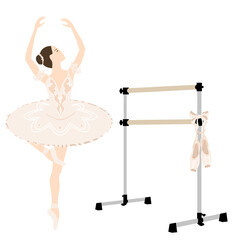 Ballerina, barre, tutu dress, pointe shoes, studio equipment ballet room, vector illustration, wood amd metal © Maria
