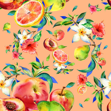  Watercolor seamless pattern of flowers and fruits