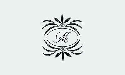 Vector logo design in trendy linear style. Floral monogram with the letter M in the center or space for the text of the letter - an emblem for fashion, beauty and jewelry industry, business