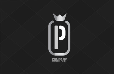 P silver king crown alphabet letter logo for company and corporate. Grey color luxury design. Can be used as an icon for a product or brand