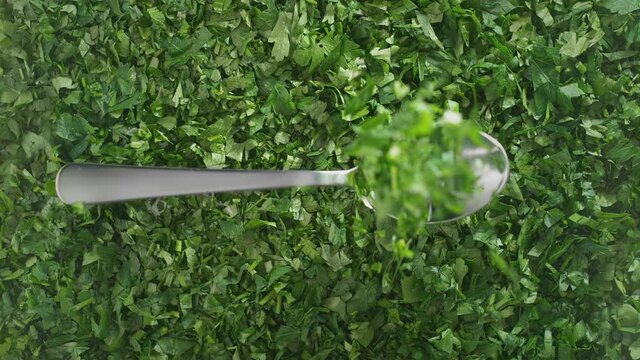 Chopped Parsley on Silver Tablespoon Falling onto Green Seasonings in 1000fps (Phantom Flex)
