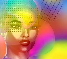 Abstract artwork of a woman's face behind a veil.  Soft colors and geometric shapes. This is a 3d digital art render, no real people are depicted or model releases necessary.