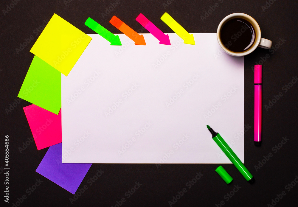 Poster a sheet of paper with a place to insert text or illustrations, a cup of coffee, bright multicolored 