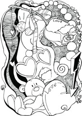 vector illustration for congratulation or gift,valentines day,teddy bear,arrow and heart,rose with bow,pendant and ring,glasses in the form of heart,doodle