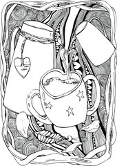 vector illustration liner drawing ,valentines day,coffee pot,milk jug and mug with two handles,rose petals,lip trinket