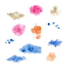 Colorful watercolor stains and splashes (blue, gray, brown, pink) isolated on white background
