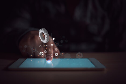 businessman hand working with laptop computer, tablet and smart phone in modern office with virtual icon diagram at office.