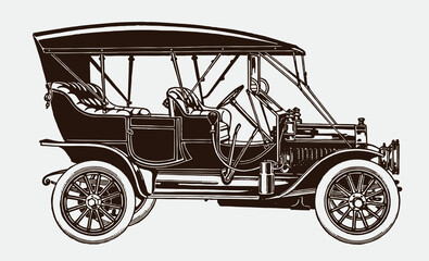 Antique tonneau car with closed roof, after engraving from early 20c.