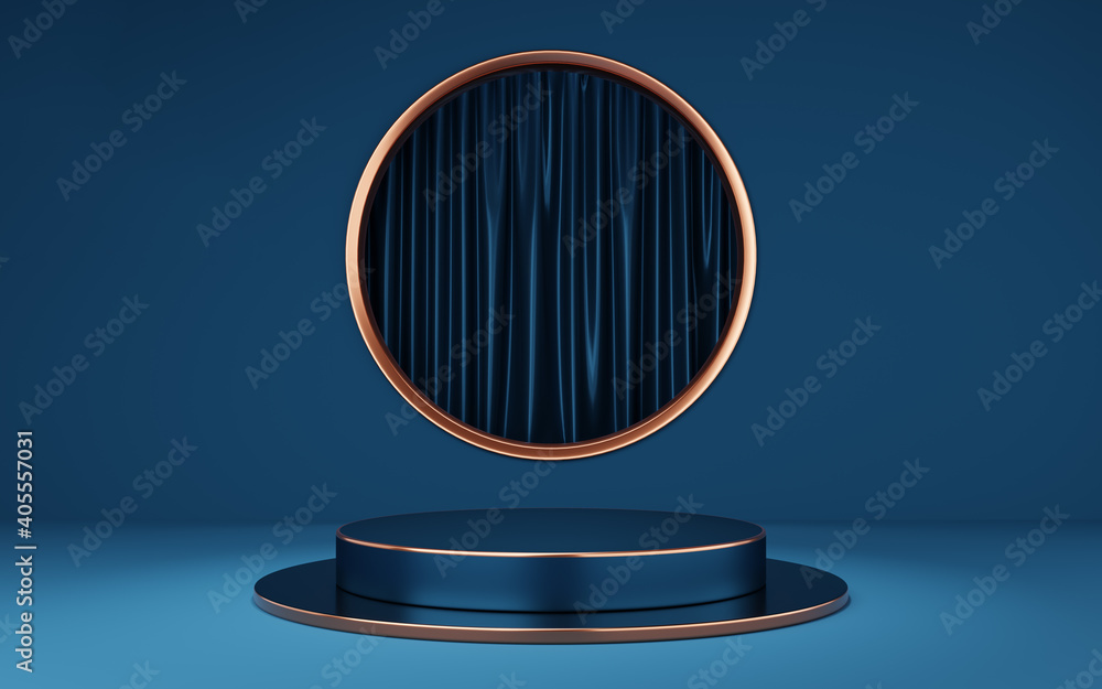 Wall mural empty blue and cylinder podium with copper border on gold circle arch and curtain background. abstra