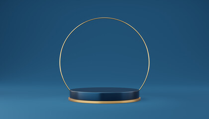 Empty blue cylinder podium with gold border and gold circle on blue background. Abstract minimal studio 3d geometric shape object. Pedestal mockup space for display of product design. 3d rendering.