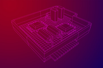 Circuit board in case. Electronic computer components motherboard. Semiconductor microchip, diode. Hardware parts. Wireframe low poly mesh vector illustration.