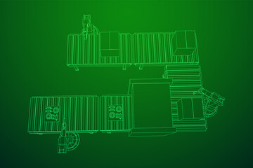 Fototapeta premium Robotic arm manufacture technology industry assembly mechanic hand. Regular roller conveyor with circuit boards and packed boxes. Wireframe low poly mesh vector illustration