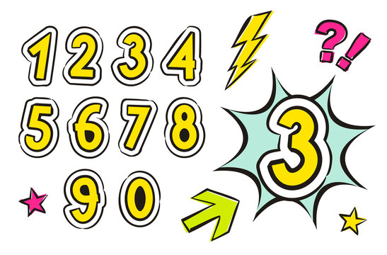 Set of numbers in pop art style. Cartoon stickers for design, posters, banners, advertising posters, alphabet, children's books. Vector figures illustration.
