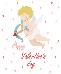 Flying baby Cupid with bow and arrow. Valentine's Day card, flyer or poster design. Vector flat illustration.