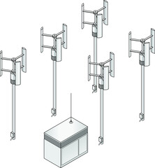 A small wind farm with five vertical wind turbines and a battery shed.