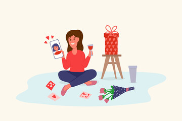 A woman in a circle of gifts and flowers. Flowers, a gift box, cards with hearts. The concept of social networks, a date on the phone. Online chat, phone or video call. Vector illustration