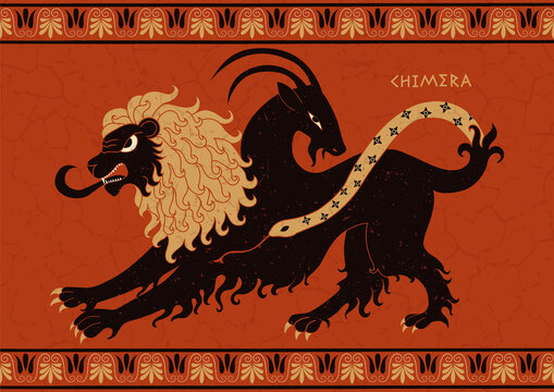 Ancient Greek mythology. Chimera. Monster  with the head of a lion, a goat and a snake. Vector illustration in the style of Greek vase painting..