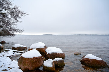 Landscape with winter lake and trees