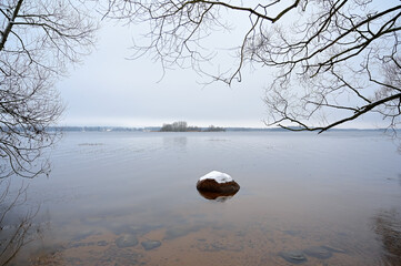 Landscape with winter lake and trees