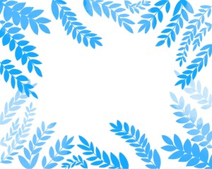 Fototapeta na wymiar Sfondo bianco con la cornice di foglie piante azzurri. Banner botanico 
