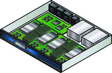 Server component: a GPU blade with the top cover off showing the interior layout and components.