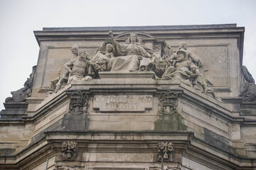 Sculptures, details of City hall of Cardiff, Wales, winter 2018