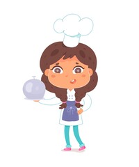 Little girl with chef profession. Cute kid with professional occupation vector illustration. Happy child in apron with cooked dish ready on plate isolated on white background