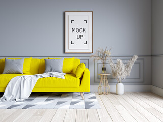 Modern living room and loft interior design. yellow sofa with gray wall and frame mockup .3d render