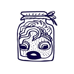 Funny small fish in close glass jar aquarium in black outline doodle style. Concept isolation, stay home quarantine, restrictions isolated on white. Cartoon design element for baby printing on goods.