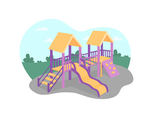 Outdoors playground 2D vector web banner, poster. Park for recreation. Kindergarten outside area flat cityscape on cartoon background. Children play zone printable patch, colorful web element