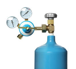 Oxygen tank isolated on white, closeup. Medical equipment