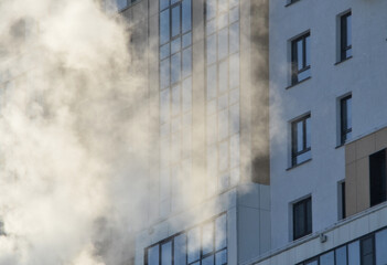 office building in smoke.