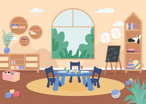 Kindergarten painting class flat color vector illustration. Primary grade room with desk, chair and art supplies. Lesson for kids. Preschool classroom 2D cartoon interior with furniture on background