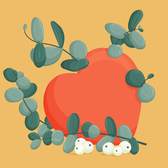 Romantic composition with red heart, plants and berries. Modern design for Holidays invitation card, poster, banner, greeting card, postcard, packaging, print. Vector illustration.