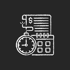 Time limit chalk white icon on black background. Repaying by stated date. Loans with term lengths. Monthly payments. Interest costs. Penalties, fees. Isolated vector chalkboard illustration