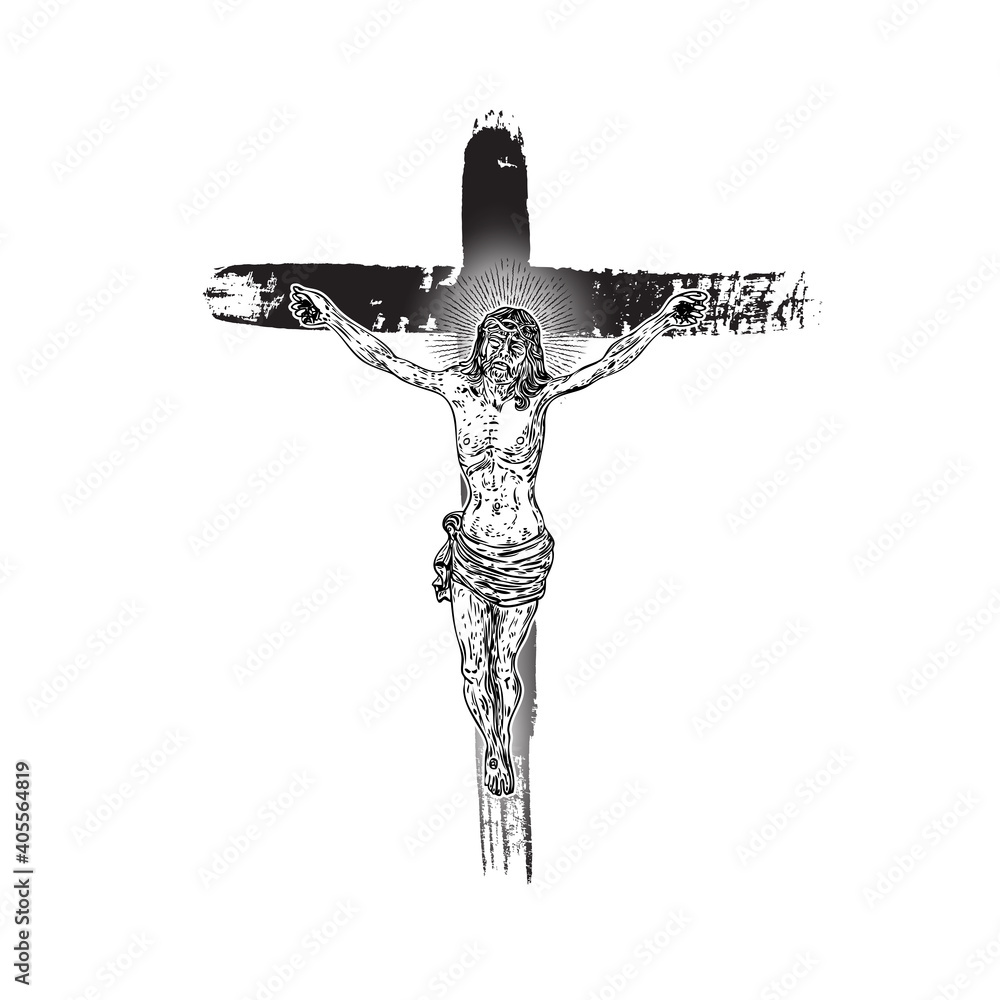 Wall mural Jesus on the cross. Hand painted with real ink brush, grunge Christian cross Sketch. Vector.