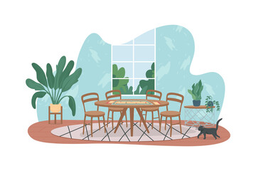 Board game on table for at home entertainment 2D vector web banner, poster. Tabletop games for family fun flat scene on cartoon background. Living room printable patch, colorful web element