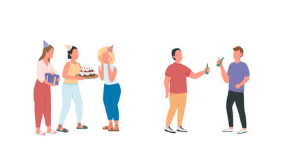 Fototapeta premium Friends at birthday party flat color vector faceless characters set. Surprise for girl. Men drink together. Celebration isolated cartoon illustration for web graphic design and animation collection