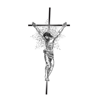 Jesus Christ on the cross with Rays of halo light and beams, symbol of saint. Crucifix drawing. Art tattoo reference template. Religion pride and glory. Good Friday Vector.