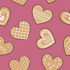 Seamless pattern with gingerbread heart cookies. Happy Valentine's Day. Different types of gingerbread hearts with glaze for wrapping paper, background and textile.