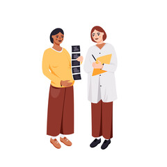 Pregnant woman visiting doctor isolated on white vector illustration. Medical check up for female mother design element. Gynecologist examination in cartoon style.