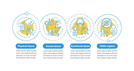 Domestic child abuse vector infographic template. Harassment presentation design elements. Data visualization with 4 steps. Process timeline chart. Workflow layout with linear icons