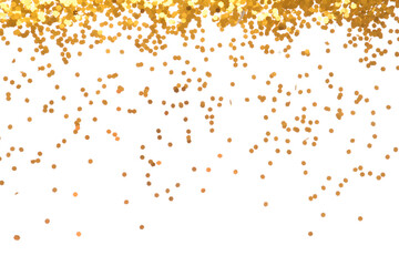 Bright golden confetti on white background, top view