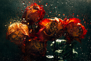 Dried orange roses. Bunch of beautiful faded flowers through the glass with rain drops. Sad love concept. Copy space, grey background